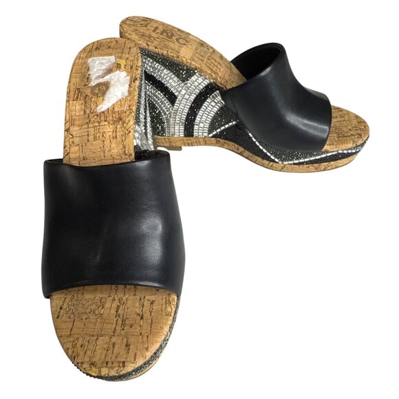INC Black Leather Cork Wedge Sandals W/Rhinestone Embellished Heel 6.5 - Picture 1 of 10
